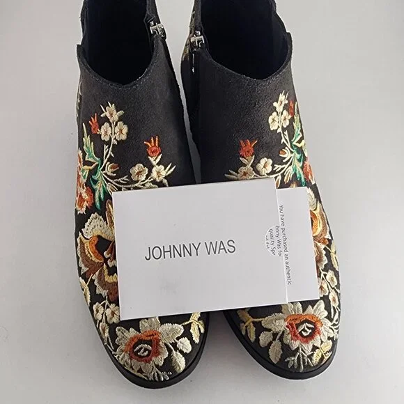 Johnny Was Women's Gray Floral Leather Embroidered Sammi West Boots 9 EUR 39